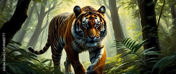 Fototapeta A stunning oil painting capturing the majesty of a tiger stealthily prowling through a charismatic woodland surrounded by dense foliage