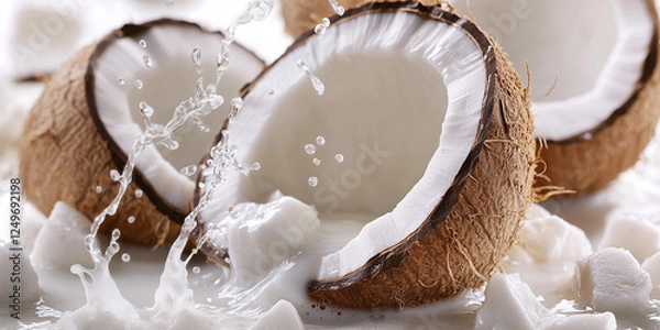 Fototapeta Coconut milk splashing out from split coconut fruit and piece of coconut