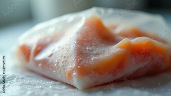 Fototapeta Close-up view of a frozen food package, condensation forming on the surface as it thaws, emphasizing moisture buildup during the thawing process with a focus on the droplets and food contents.
