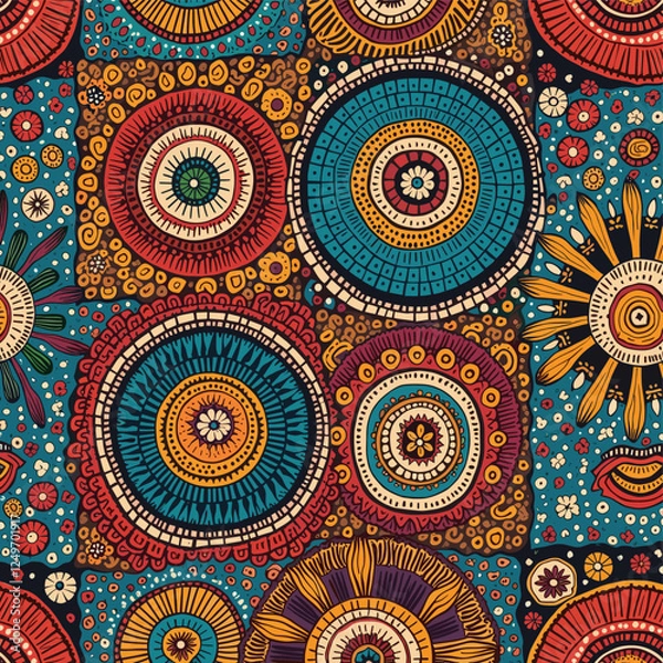Obraz A vibrant array of circular designs in various colors, including blue, red, yellow, orange, and pink, with intricate patterns and designs. Vector patterns, random pattern