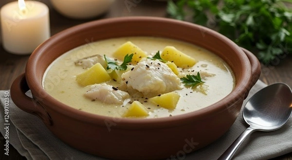 Fototapeta Creamy Fish Chowder with Potatoes and Parsley Served with Spoon