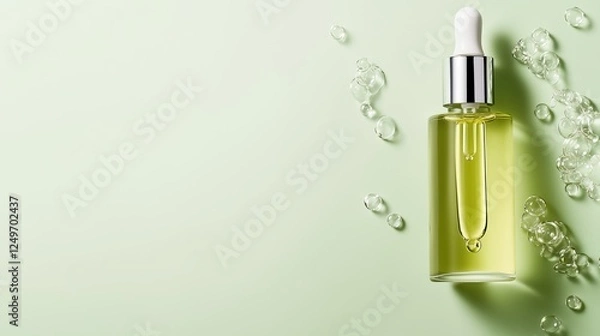 Obraz Facial Serum on Green Background: A glass bottle of facial serum with a dropper is displayed against a soft green backdrop, accentuated by scattered water droplets.