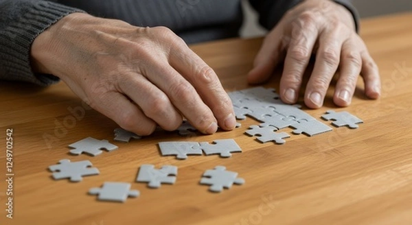 Fototapeta Aged hands solving a grey jigsaw puzzle on a wooden table. Mental stimulation.