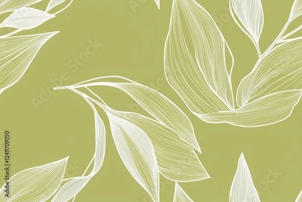 Obraz Padrão contínuo (seamless pattern) de folhas estilizadas em tons de verde com linhas delicadas em branco, criado com IA generativa.