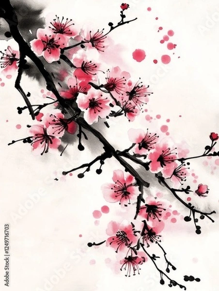 Fototapeta A cherry blossom branch against a white background showcases intricate watercolor techniques, making it ideal for weddings and natureinspired decor, enhancing any special occasion with charm