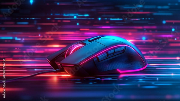 Fototapeta A futuristic gaming mouse illuminated by neon lights with geometric shapes in bright blue, pink, and purple. The modern, vibrant wallpaper features blurred backgrounds and empty caption space.


