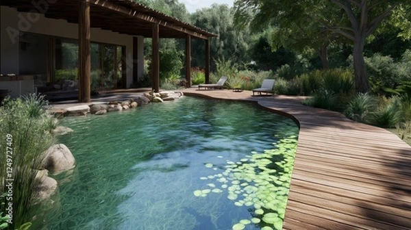 Fototapeta Beautiful backyard with a natural swimming pool, wooden deck, and lush greenery