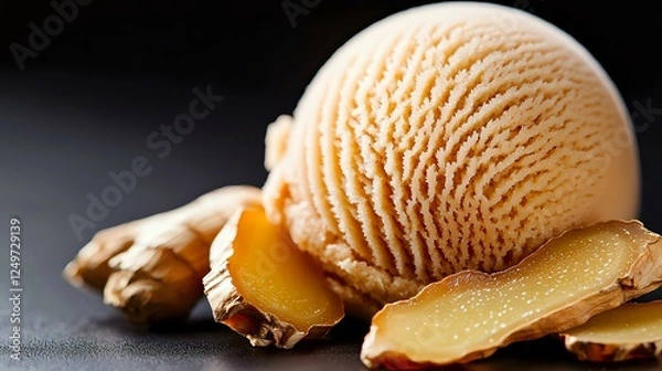 Obraz Creamy orange ice cream scoop with caramelized almond slices on dark background, selective focus. Gourmet frozen dessert with nutty garnish.
