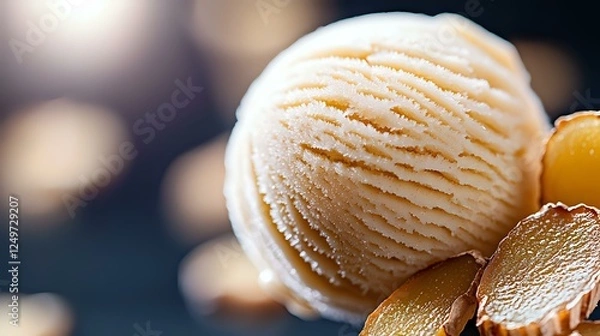 Obraz Creamy vanilla ice cream scoop with textured ridges and smooth surface against dark background with bokeh lights, close-up macro food photography.