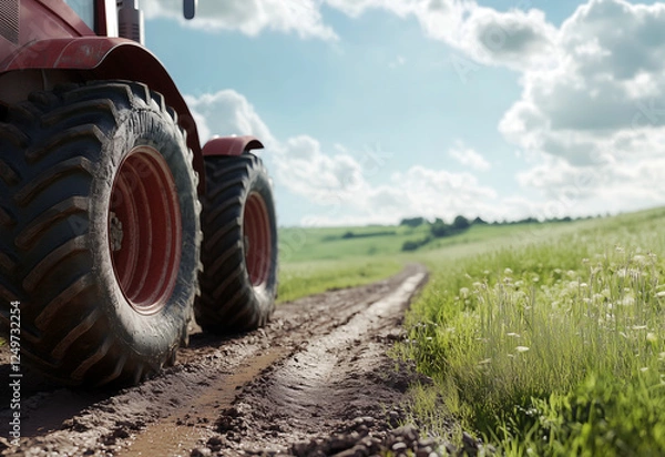 Obraz Low view of close up of tractor tires on a dirt road among agriculture field in autumn day. Season agricultural work. Vertical banner