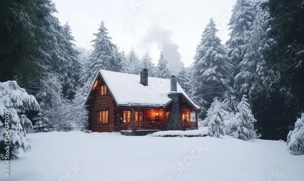 Fototapeta A snowy outdoor scene featuring a cozy log cabin with smoke curling from the chimney, surrounded by frosted evergreens