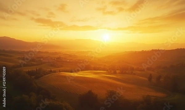 Fototapeta Aerial view of a vineyard stretching into the horizon under the soft golden light of sunset, showcasing the beauty of winemaking regions.