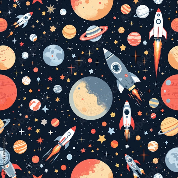 Obraz A variety of colorful rockets and planets, including a prominent orange planet, a blue moon, and a red planet, all set against a dark space background with stars. Vector patterns, random pattern