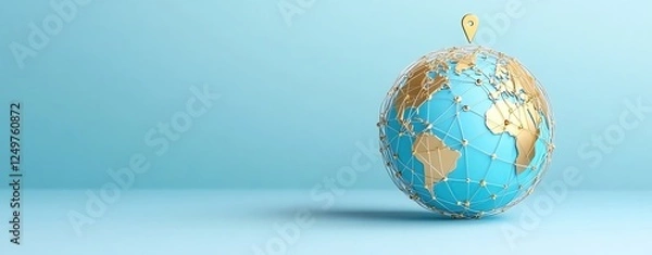 Fototapeta Realistic globe with location pin and route, illustrating world travel map, global travel navigation connections