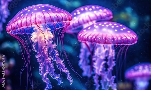 Fototapeta Mesmerizing underwater shot of luminous jellyfish glowing in shades of blue and purple, floating in a tranquil ocean.