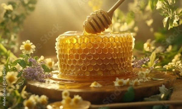 Fototapeta Golden honeycomb dripping with fresh honey, surrounded by wooden spoons and herbs, evoking natural sweetness.