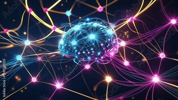 Fototapeta Complex neural network interconnected with brain, nodes, and glowing lines. A dynamic web of intelligence and connections. Tech inspired abstract image.