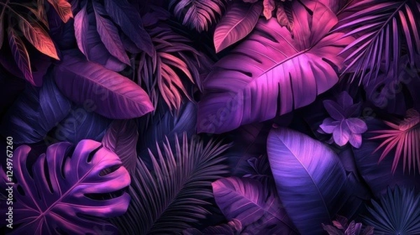 Fototapeta Tropical-Style Illustration of Densely Packed Plant Leaves in Dark Purple and Pink with Vivid Visual Effect and Striking Aesthetics