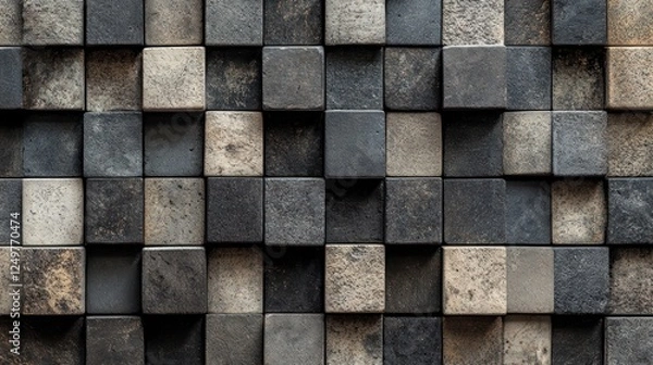Obraz Monochromatic Geometric Stone Cubes Texture in Gray Scale for Background