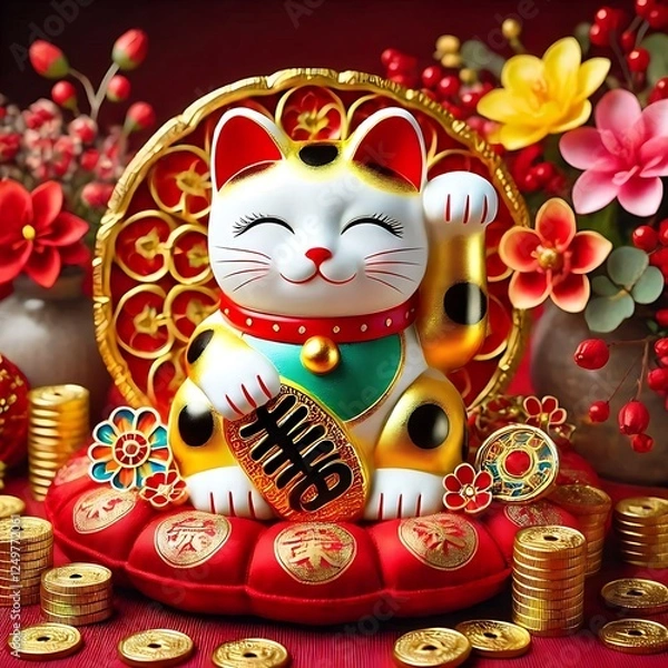 Fototapeta Traditional Maneki-neko Lucky Cat Smiling Gracefully in Festive Holiday Setting