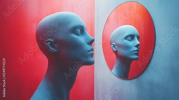 Fototapeta Surreal depiction human mannequins reflecting in a mirror against a pastel wall, exploring themes self-perception and societal pressures