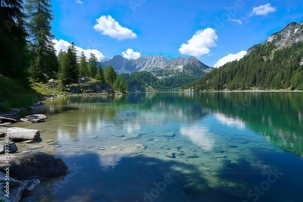 Fototapeta Scenic view of a tranquil lake surrounded by mountains