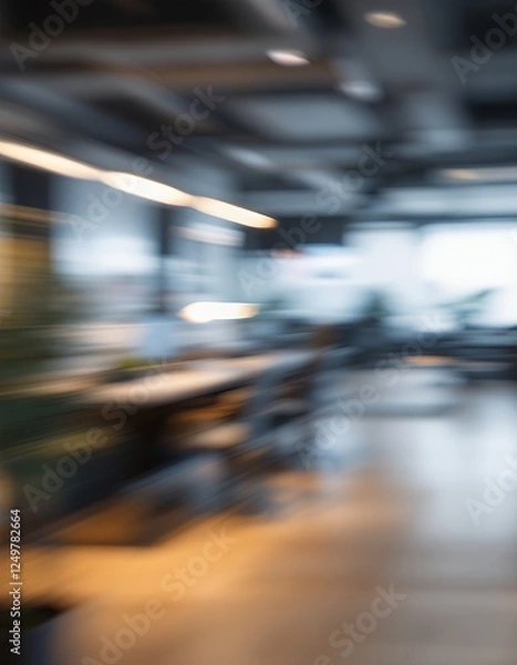 Fototapeta Blurred Motion in Modern Office Space with Desk and Lighting