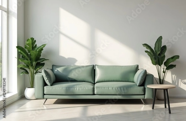Fototapeta Modern living room design. Sage green leather sofa in front of white wall. Sunlit room. Plants in corners add greenery. Simple, stylish. Comfortable, contemporary. Ideal for interior design magazine.