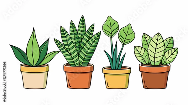 Fototapeta Set of isolated houseplants in pots – Detailed cartoon vector illustration on white background, including Monstera, Ficus, Sansevieria, Fern, Pilea and Succulent