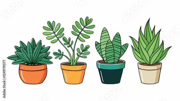 Fototapeta Set of isolated houseplants in pots – Detailed cartoon vector illustration on white background, including Monstera, Ficus, Sansevieria, Fern, Pilea and Succulent