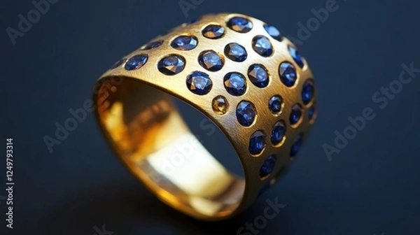 Fototapeta Elegant gold and sapphire ring, artistically displayed on a deep black background.