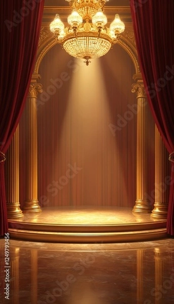 Fototapeta Grand golden stage with luxurious red curtains, tall golden columns. Large crystal chandelier shines brightly above stage. Marble floor reflects golden light. Perfect for ceremony presentation.