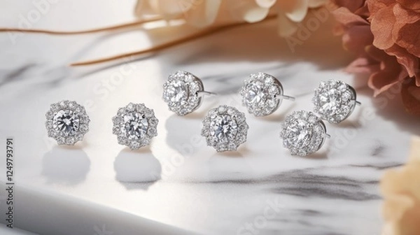 Fototapeta Exquisite diamond-studded earrings arranged on a marble surface with elegant lighting.