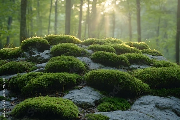 Fototapeta Sunlit Moss Covered Rocks in a Serene Forest Setting