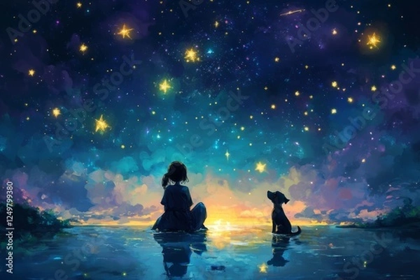 Fototapeta anime style illustration of a dog and a girl, a child looking the stars