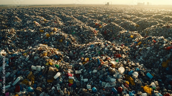 Fototapeta Aerial view of piles of plastic waste accumulating, symbolizing environmental pollution and chaos. Earth background with a modern, bright tone and empty space for caption