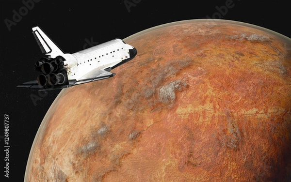 Fototapeta Space shuttle orbiting artistically rendered red fiction planet with atmosphere. Interstellar flight concept. Elements of 3D rendered illustration were furnished by NASA.