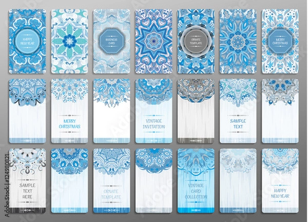 Fototapeta Vector vintage visiting card set. Floral mandala pattern and ornaments. Oriental design Layout. Merry chistmas and Happy New Year snowflakes cards. Front page and back page.