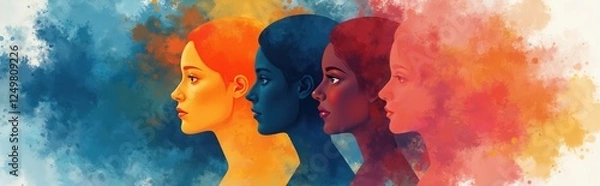 Fototapeta Four diverse women profiles showcase mental health awareness. Abstract colors represent inner strength, diversity. Image promotes inclusivity, empathy in mental health support. Illustration targets