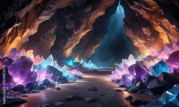 Fototapeta Sparkling crystal cave filled with glittering crystals and shimmering gemstones, shimmering stones, crystal cave