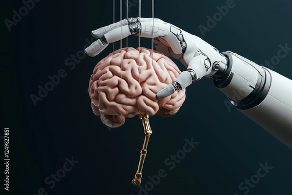 Fototapeta Robotic hand manipulating human brain with puppet strings exploring the intersection of technology and control in neuroscience