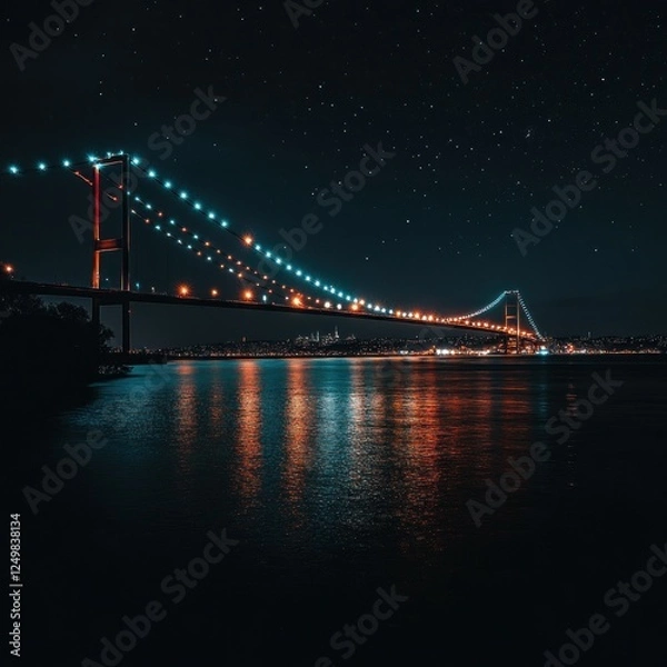 Fototapeta Night view of illuminated bridge over water with city lights reflecting, starry sky