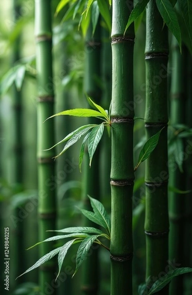 Fototapeta Close up view of green bamboo stalks, fresh leaves. Green bamboo forest. Natural eco theme. Tranquil nature scene. Peaceful bamboo grove. Green bamboo background image. Beautiful nature background.
