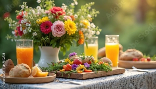 Fototapeta Outdoor Easter brunch setting displays healthy, organic food. Vegetable dishes presented with edible flowers, herbs. Freshly squeezed juices, whole grain breads also served. Colorful flowers compose