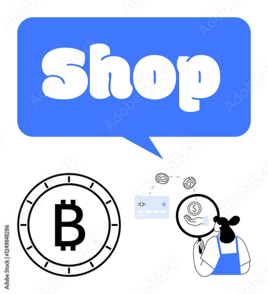 Fototapeta Bitcoin symbol, speech bubble with Shop, and woman analyzing financial data. Ideal for e-commerce, cryptocurrency, online transactions, fintech, digital wallets, blockchain cashless societies