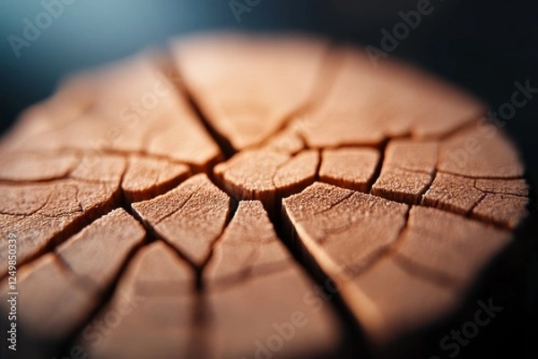 Fototapeta Close-up view of cracked wooden surface highlighting natural texture and intricate details in dim light