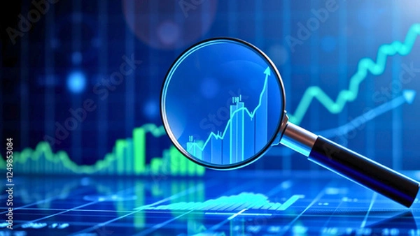 Fototapeta a magnifying glass hovering over an abstract digital financial chart.