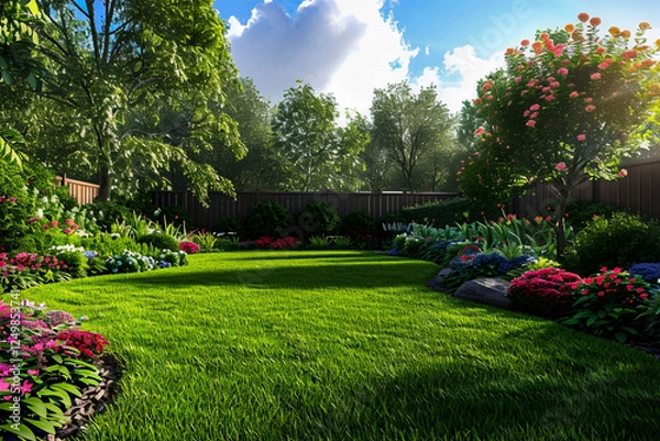 Obraz A beautifully manicured backyard lawn with lush green grass, surrounded by colorful flower beds