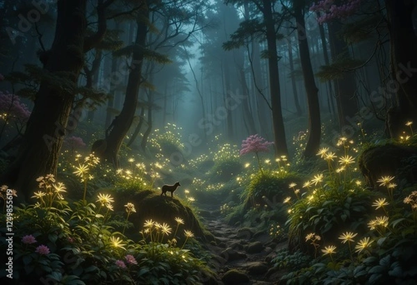 Fototapeta A lone fox walks a mystical glowing forest path