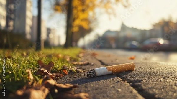 Fototapeta Cigarette Litter on Sidewalk Surrounded by Autumn Leaves and a Neighborhood Backdrop in Soft Evening Light